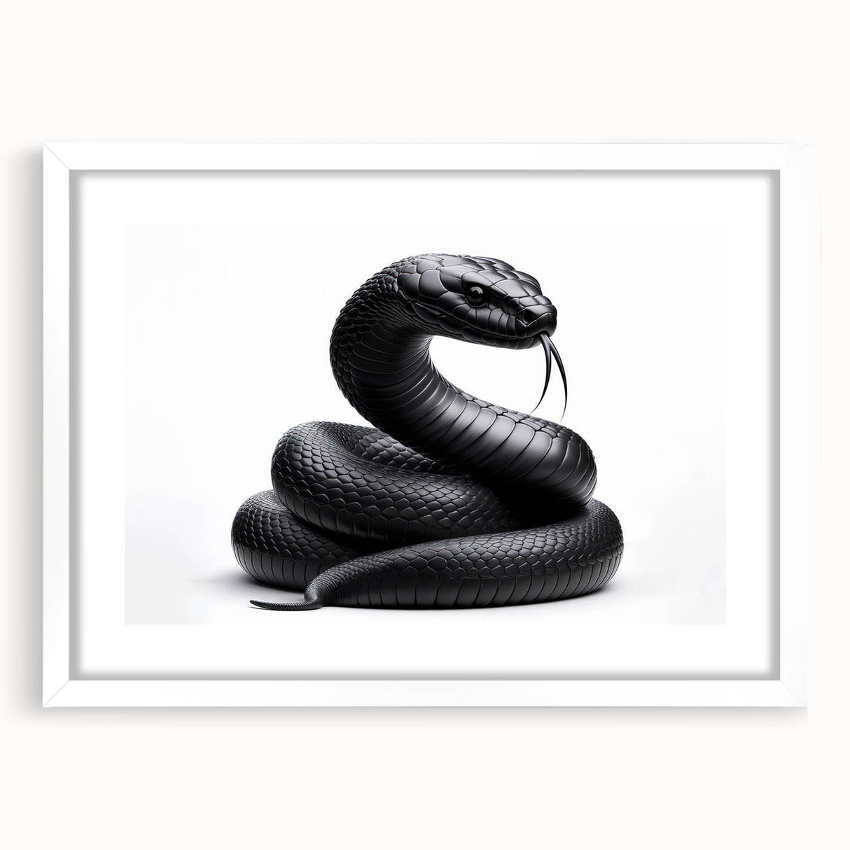 Framed wall art showcasing a detailed reptile snake design, featuring vibrant colors and intricate patterns, set against a white mat for a modern aesthetic.