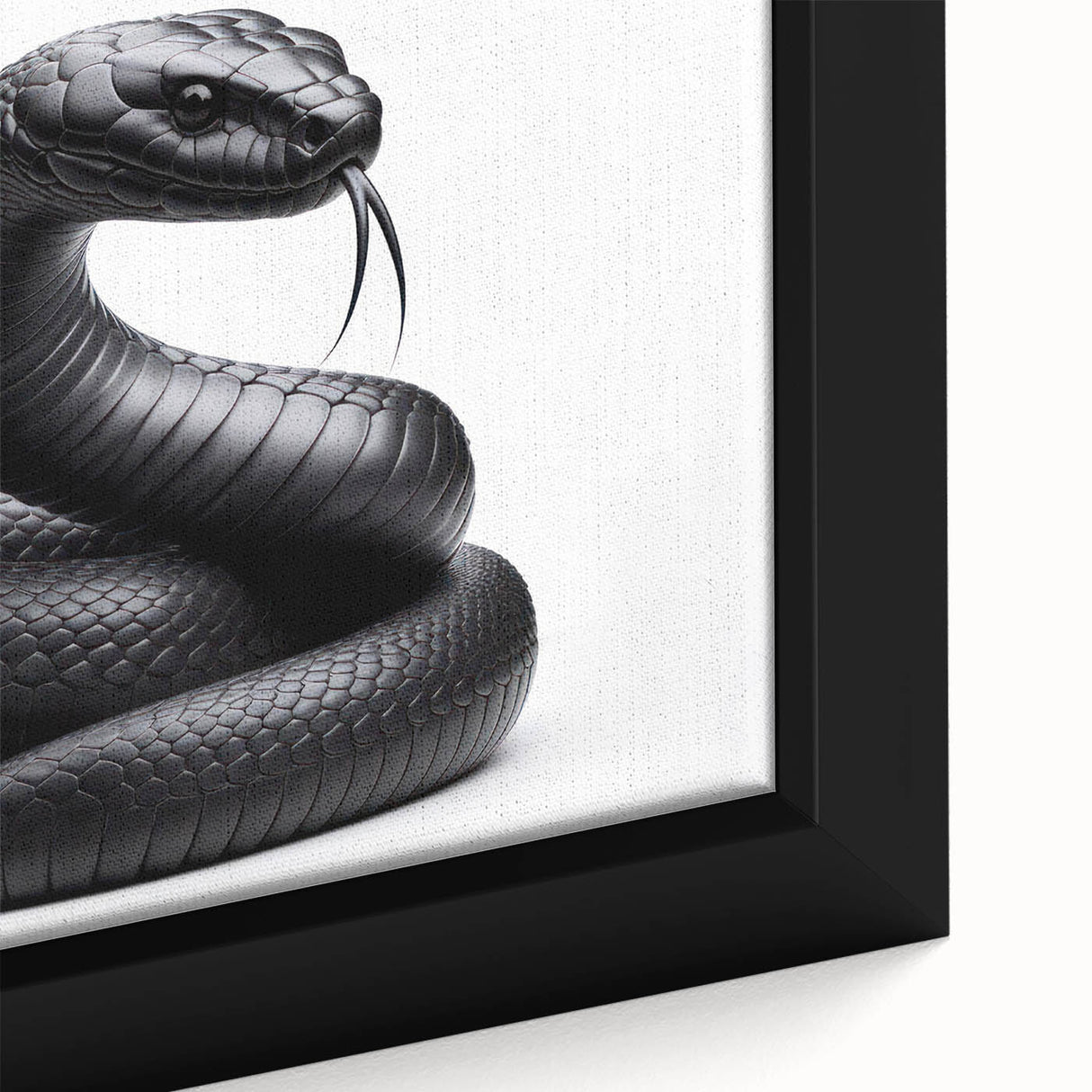 Close-up of a framed canvas wall art featuring a detailed reptile snake design, showcasing vibrant colors and intricate patterns, perfect for nature enthusiasts and home decor.