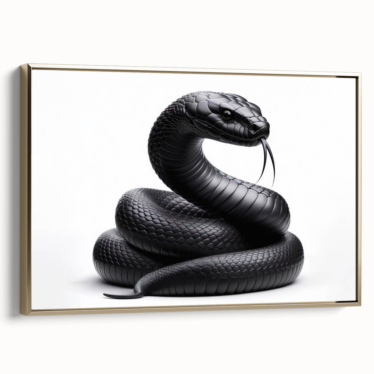 Framed wall art showcasing a striking snake design in gold, set against a minimalist background, perfect for reptile enthusiasts and modern decor. Ideal for home or office spaces, this artwork adds a touch of elegance and nature-inspired charm to any room.