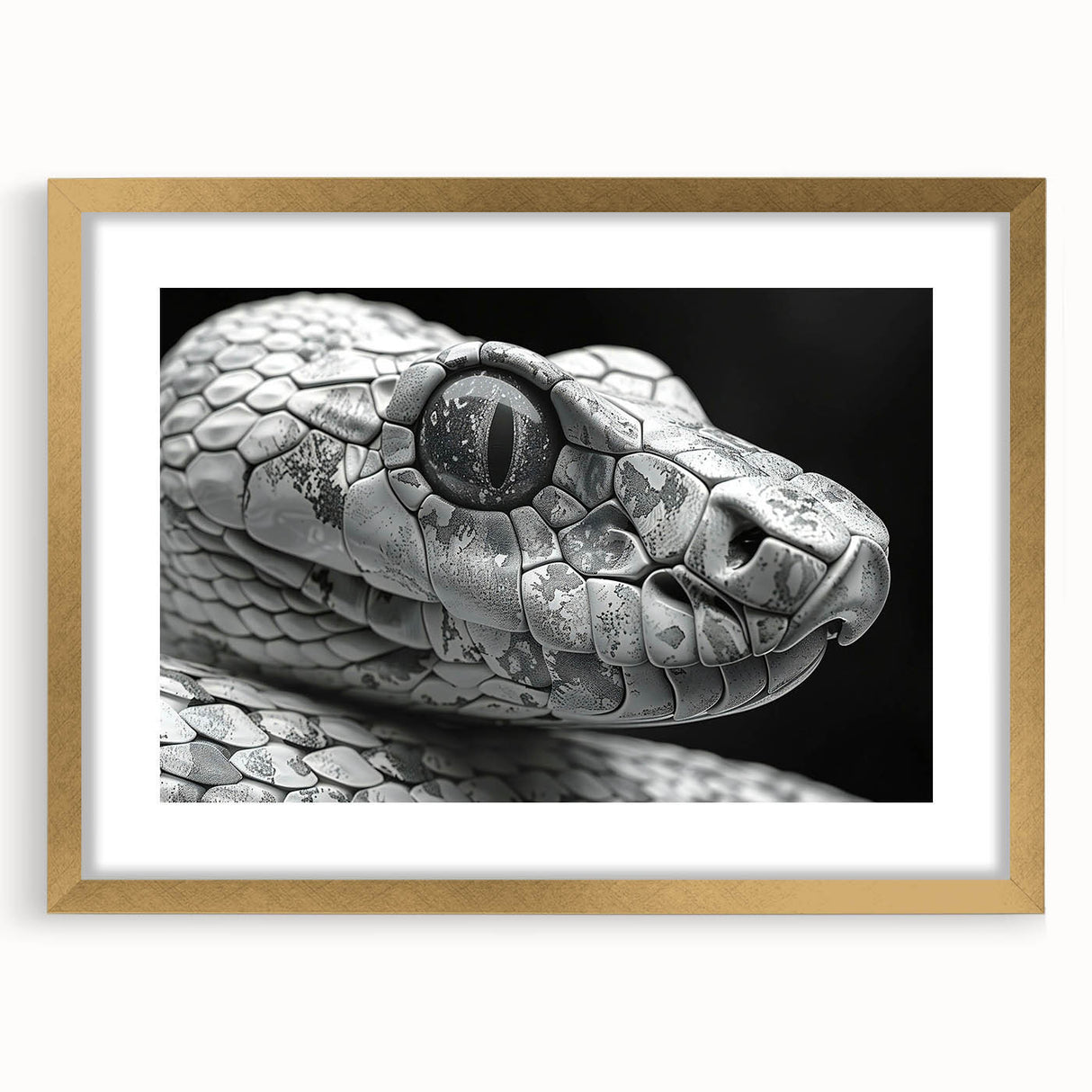 Framed wall art featuring a vibrant snake design in gold tones, displayed with a mat. Ideal for reptile enthusiasts and modern decor lovers, enhancing any space.