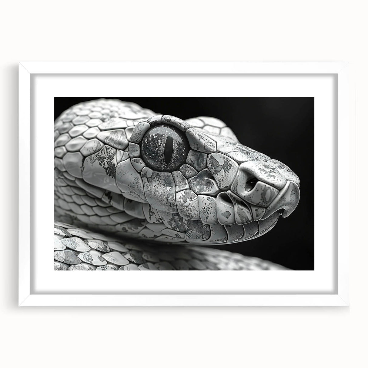 Framed wall art featuring a detailed reptile snake design in vibrant colors, set against a white mat background, perfect for nature enthusiasts and home decor.