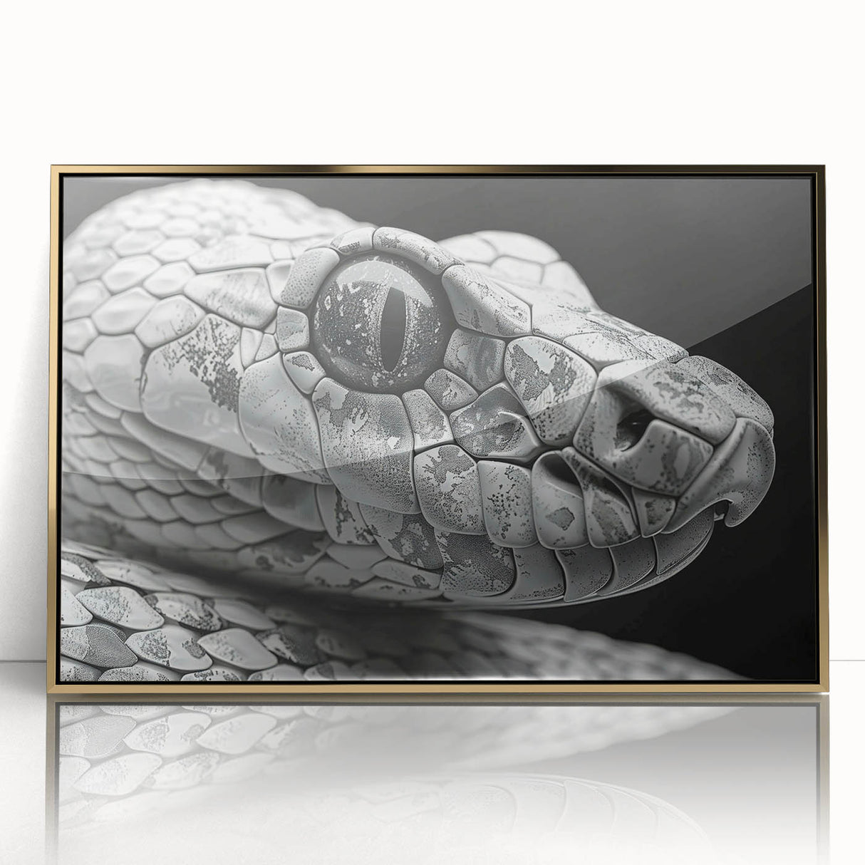 Framed wall art showcasing a detailed snake design in vibrant colors, set in an elegant gold frame, perfect for reptile enthusiasts and modern decor.