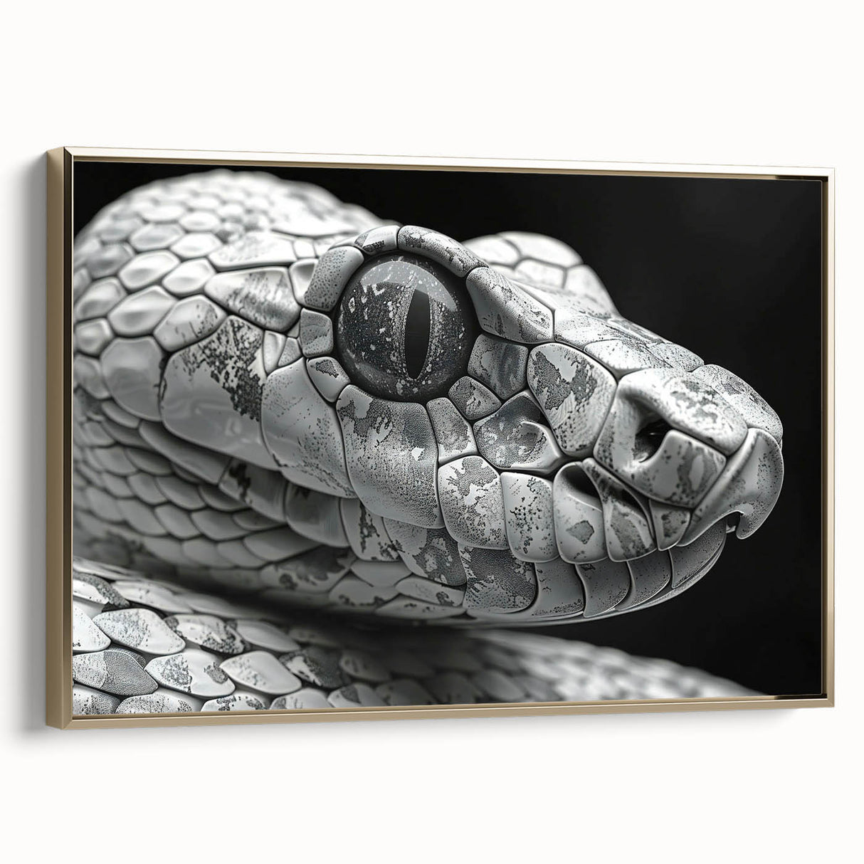 Framed wall art featuring a striking snake design, displayed in a sleek gold frame, showcasing intricate details and vibrant colors, perfect for reptile enthusiasts.