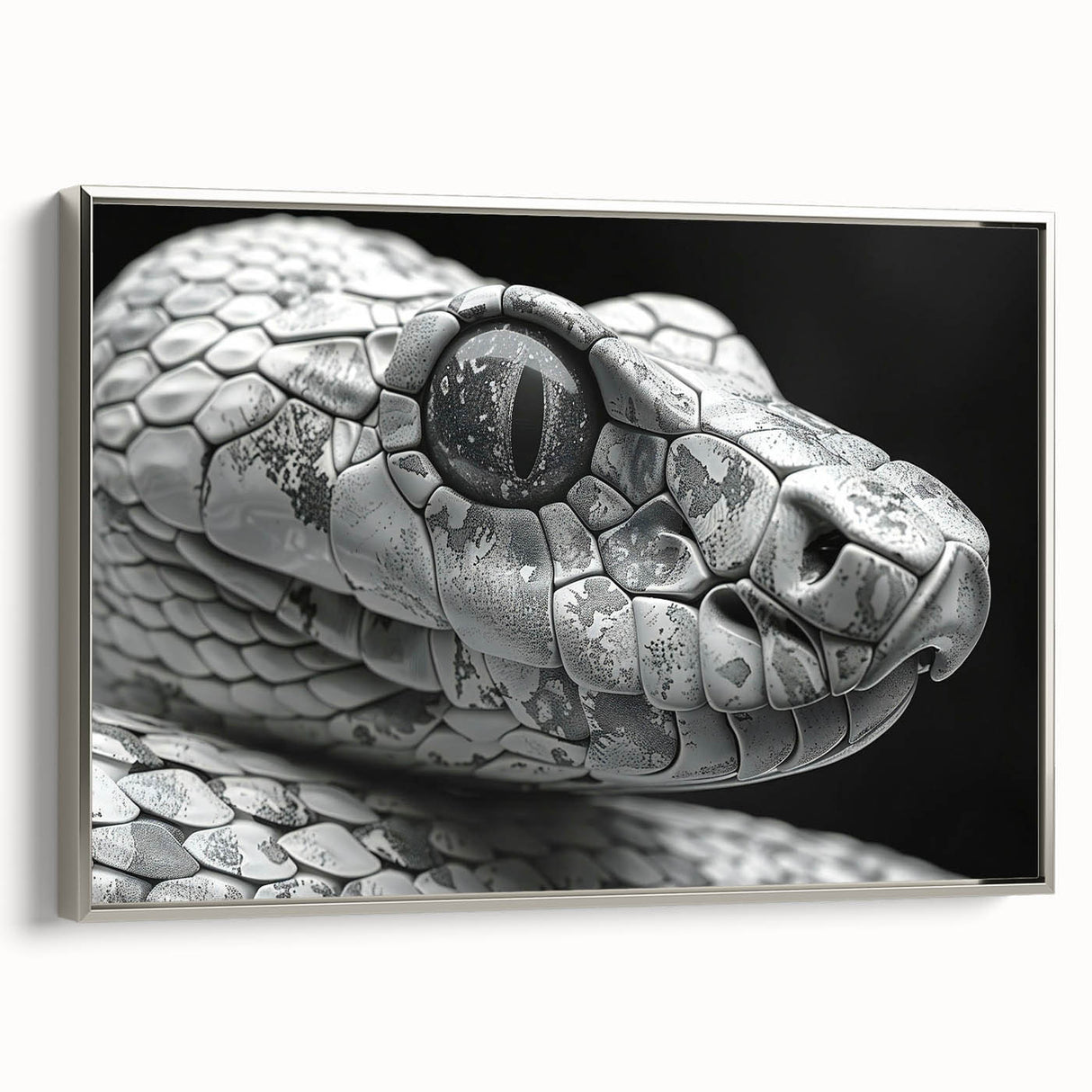 Framed wall art featuring a sleek silver snake design on canvas, showcasing intricate details and textures, perfect for reptile enthusiasts and modern decor.