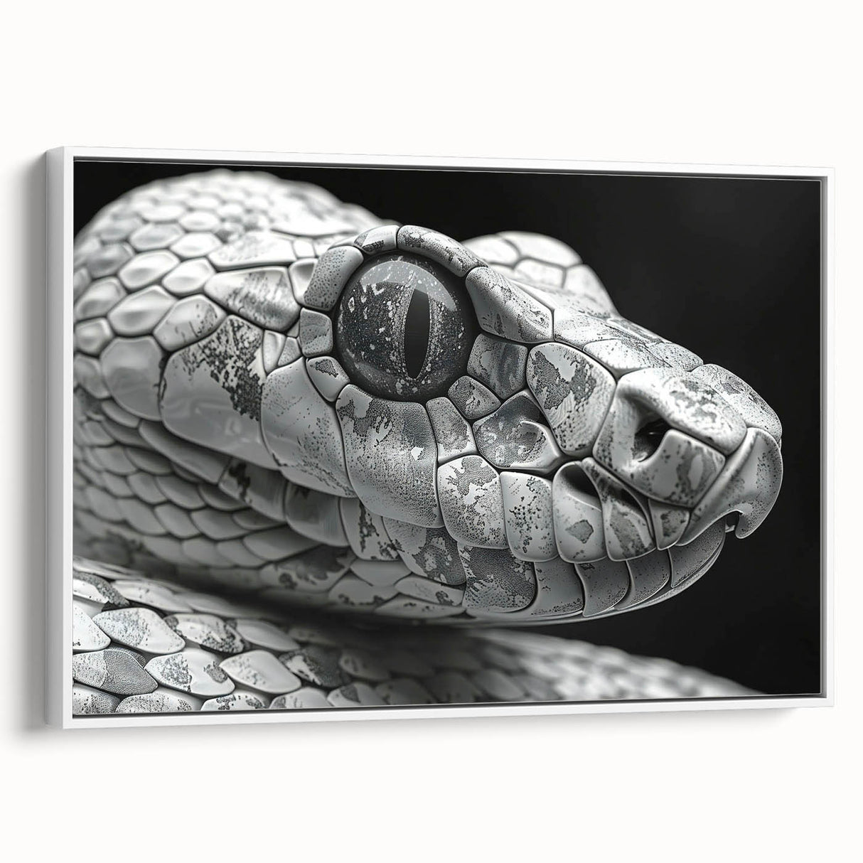 Framed wall art featuring a detailed snake design in vibrant colors, set against a white background, showcasing a modern aesthetic for reptile lovers.