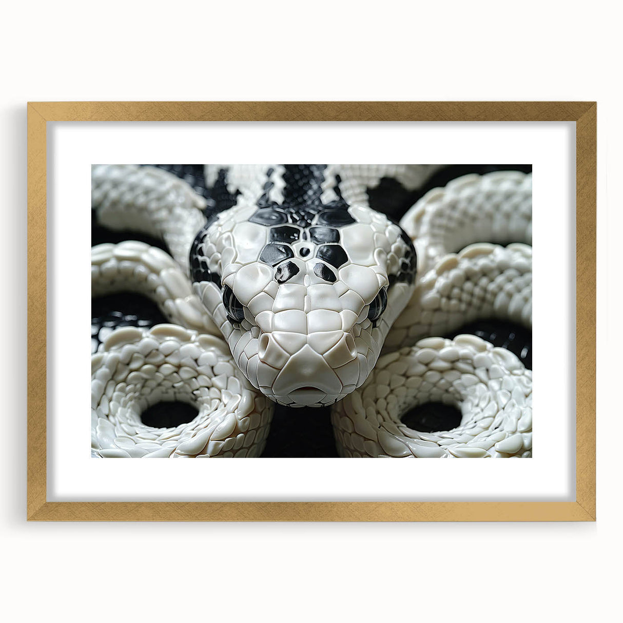 Framed wall art featuring a striking reptile and snake design in gold tones, elegantly matted and displayed from a front view, perfect for animal lovers and home décor enthusiasts.