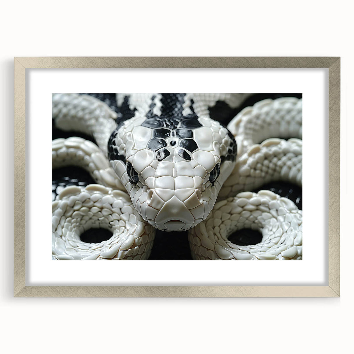 Silver-framed wall art featuring a detailed reptile snake design, showcasing vibrant colors and intricate patterns, perfect for enhancing home décor with a touch of wildlife elegance.