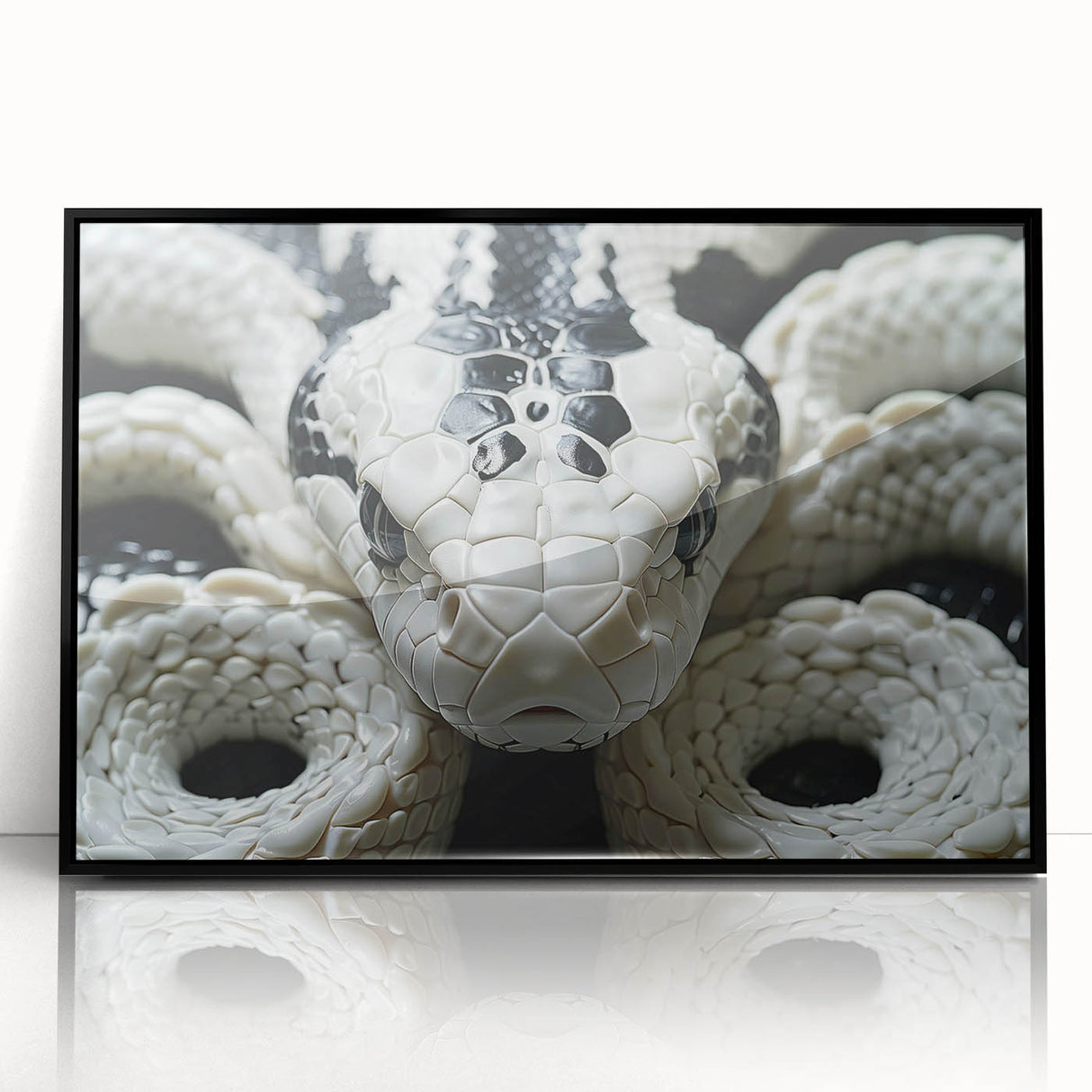 Framed wall art featuring a vibrant snake design in shades of green and black, showcasing intricate details and modern aesthetics, perfect for reptile enthusiasts.