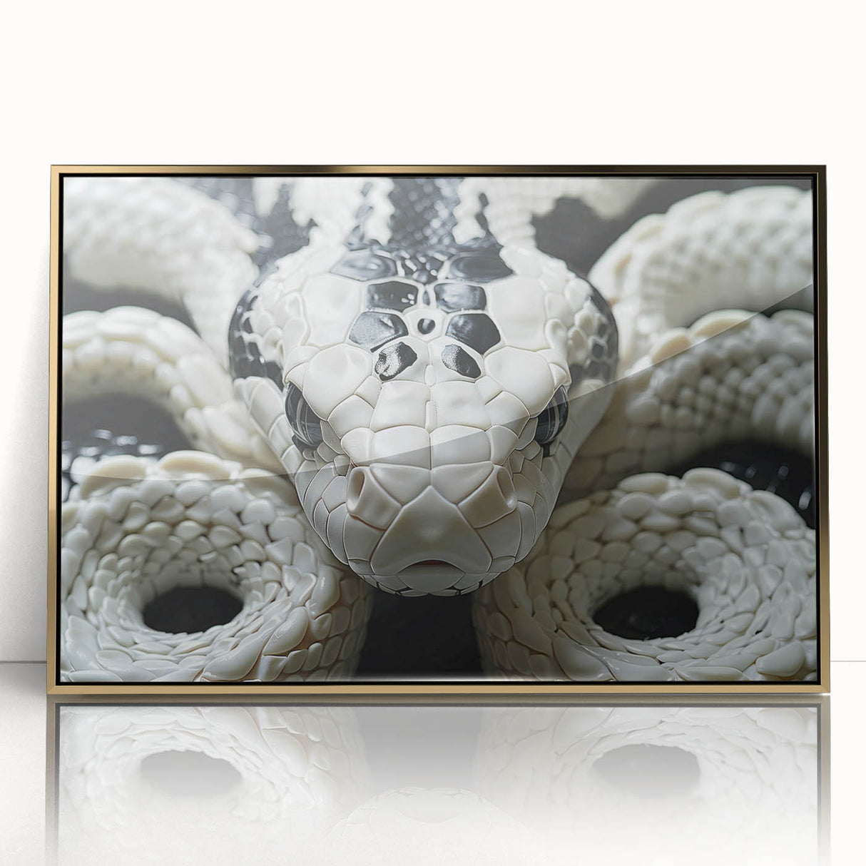 Framed wall art featuring a striking snake design in vibrant colors, with a gold-acrylic finish, ideal for reptile enthusiasts and modern decor.