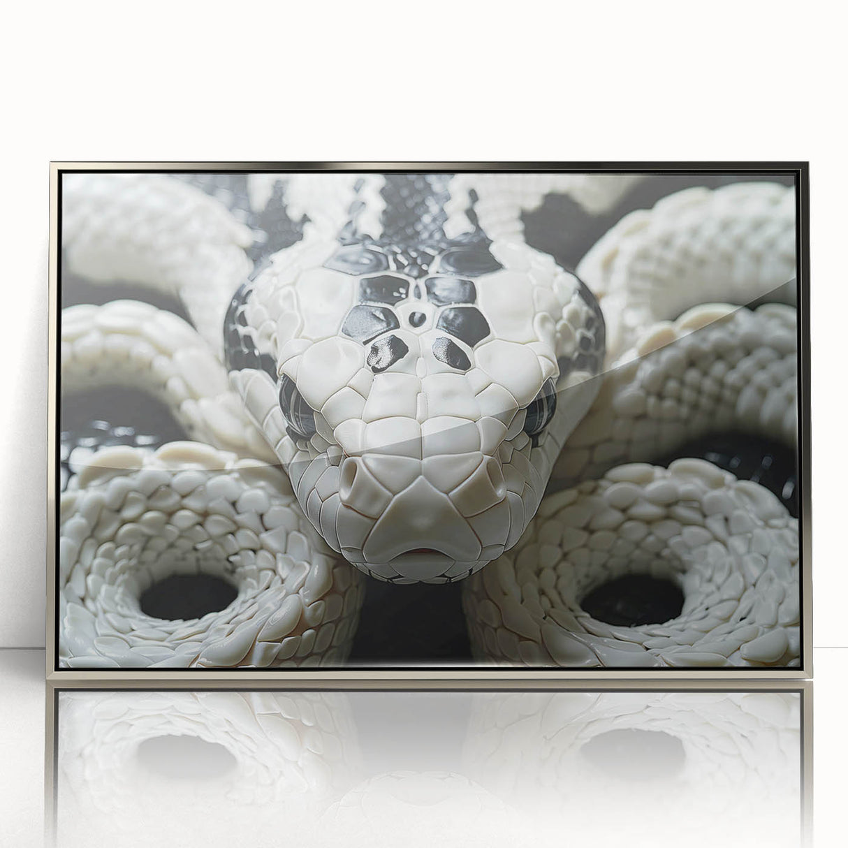 Framed wall art featuring a striking snake design in vibrant colors, presented in a sleek silver frame, perfect for reptile enthusiasts and modern decor.