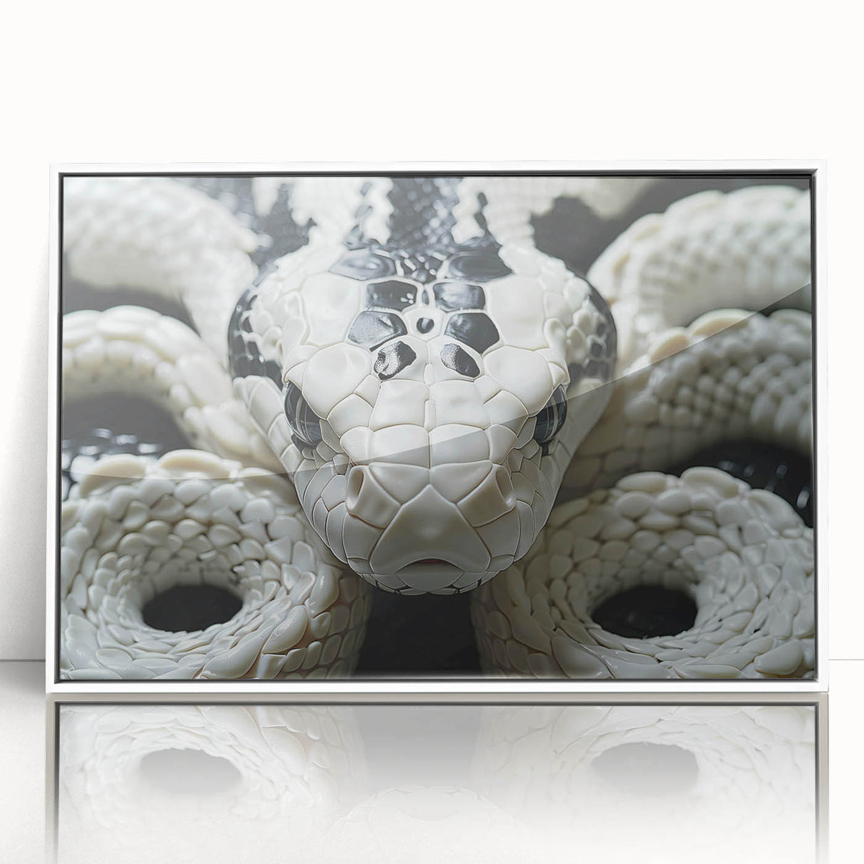 Framed acrylic wall art showcasing a vibrant snake design in a minimalist white frame, perfect for reptile enthusiasts and modern decor lovers. Ideal for enhancing any living space or office with its striking visual appeal.
