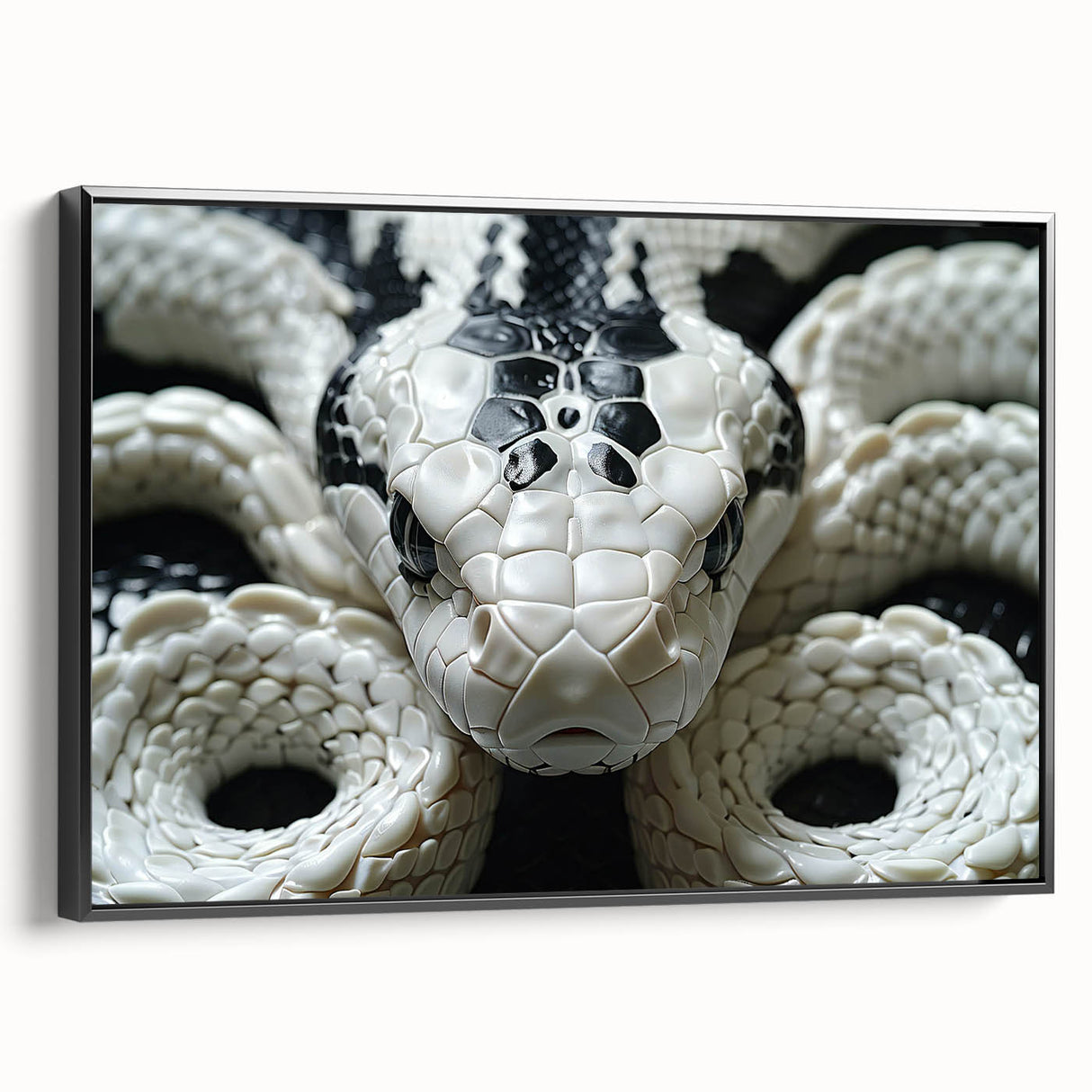 Framed wall art featuring a striking snake design in vibrant colors on a textured canvas, showcasing a black border and side view, perfect for reptile enthusiasts.