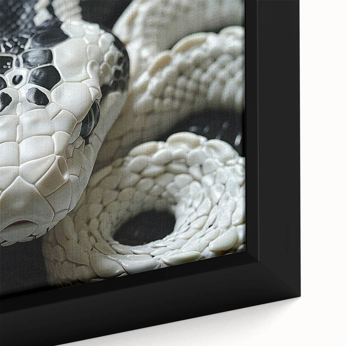 Close-up of a framed canvas wall art piece showcasing a vibrant reptile snake design, featuring intricate details and rich colors, perfect for animal lovers and home decor enthusiasts.