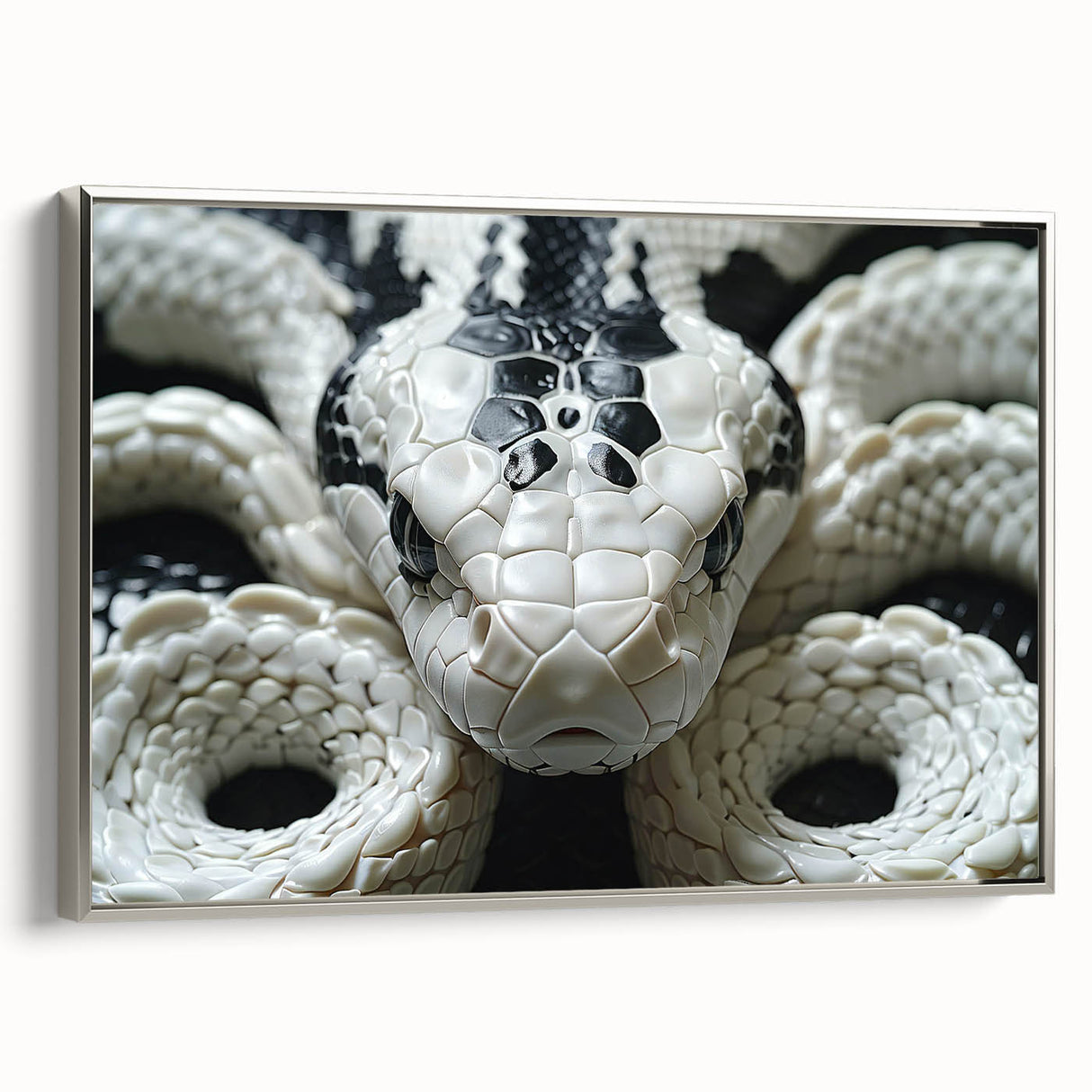 Framed wall art showcasing a striking snake design in silver tones, displayed from a side view, ideal for reptile enthusiasts and modern decor.