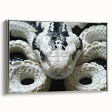 Framed wall art showcasing a striking snake design in silver tones, displayed from a side view, ideal for reptile enthusiasts and modern decor.