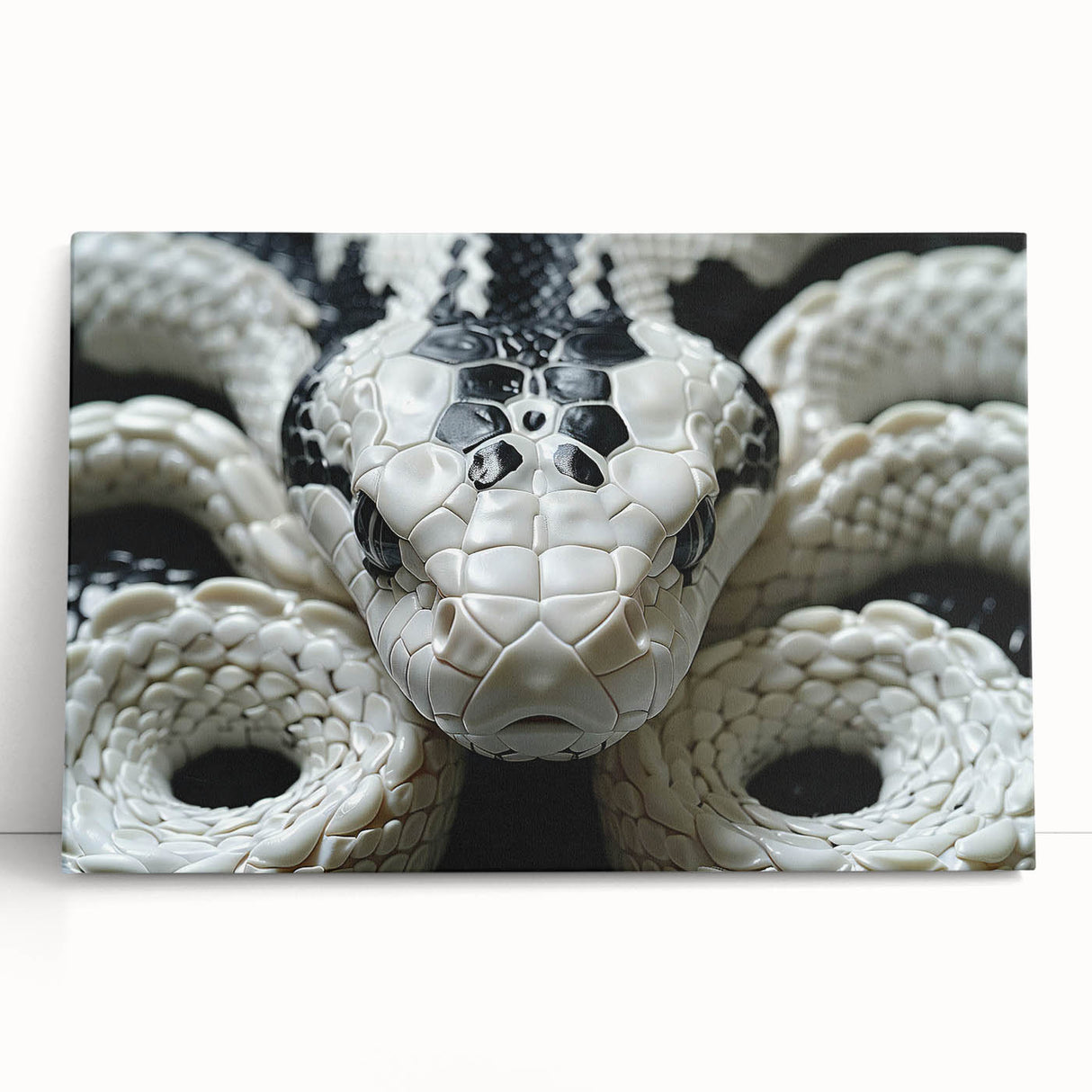 Stretched canvas wall art featuring a vibrant reptile snake design, showcasing intricate patterns in shades of green and yellow, ideal for home decor.
