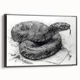 Framed wall art featuring a detailed black snake design on textured canvas, showcasing intricate patterns and vibrant colors, ideal for reptile enthusiasts.