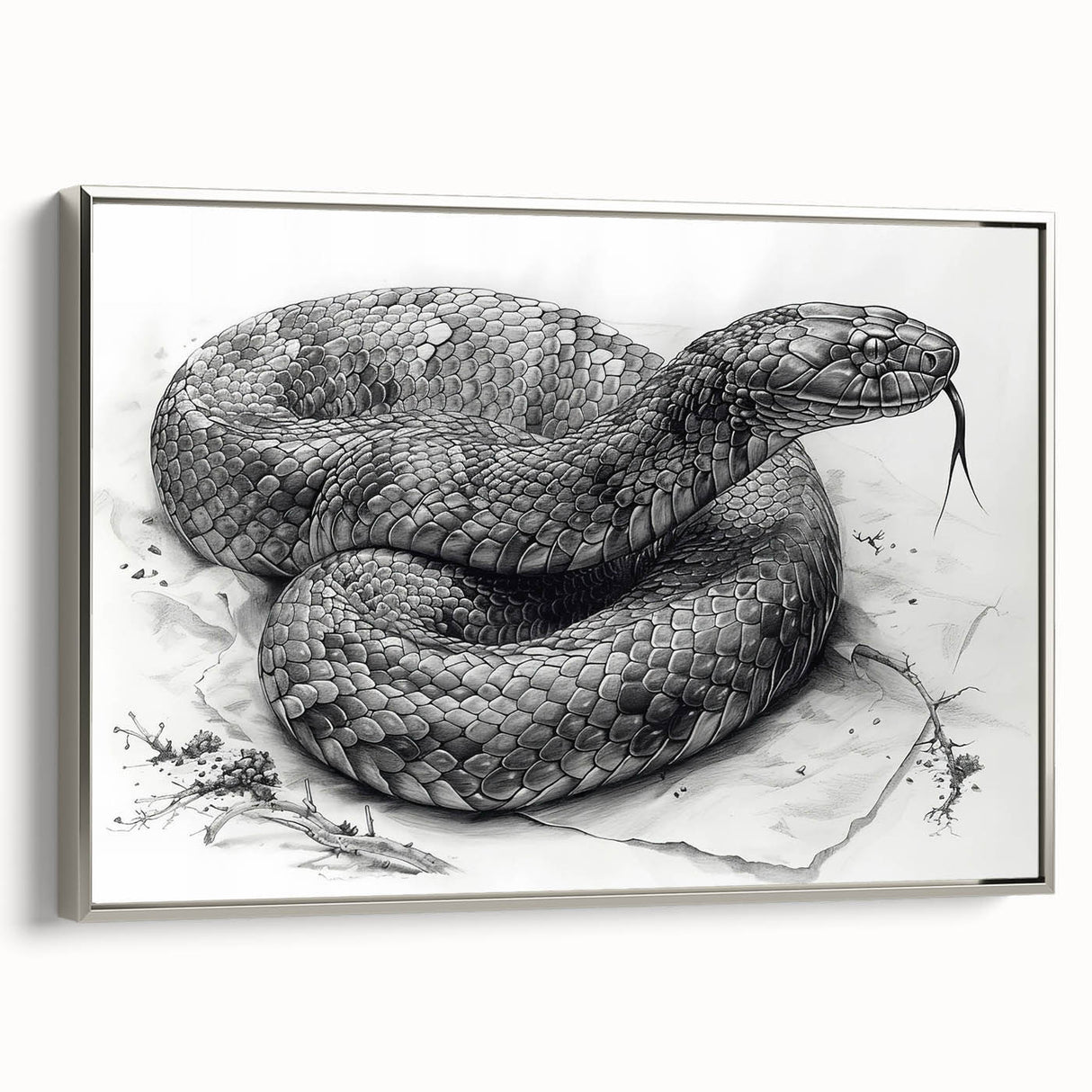 Framed wall art collection featuring a sleek silver side view of a reptile snake design on a textured canvas, ideal for modern home decor enthusiasts.
