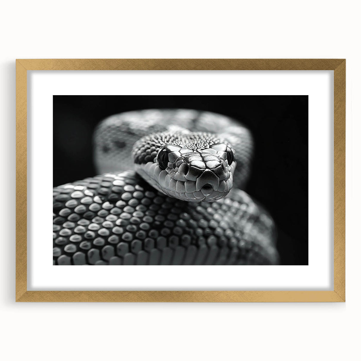 Framed wall art featuring a striking snake design in gold, set against a bold black background, perfect for reptile enthusiasts and modern decor.