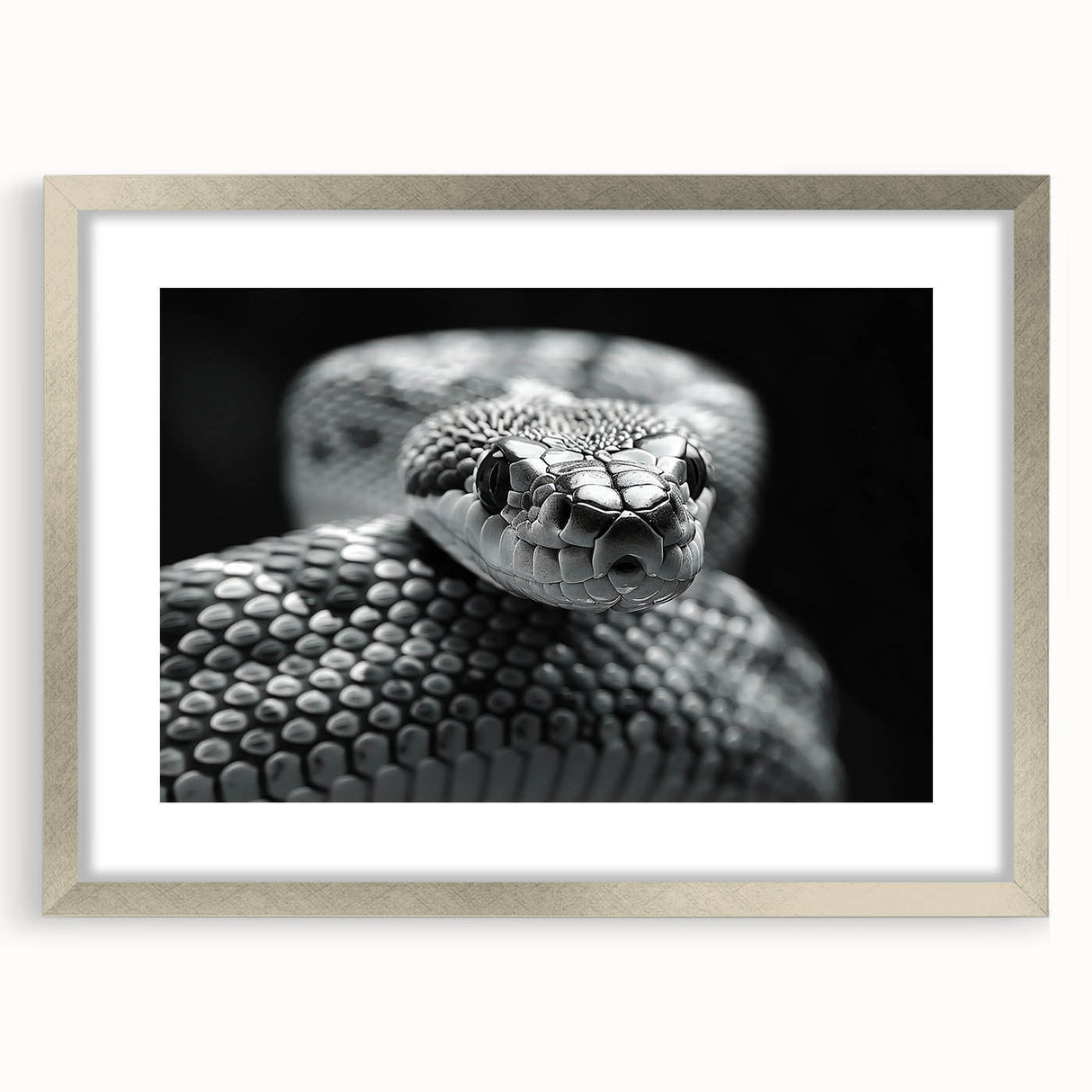 Framed wall art featuring a detailed snake design in vibrant colors, set in a silver frame with a mat, perfect for reptile enthusiasts and home decor.