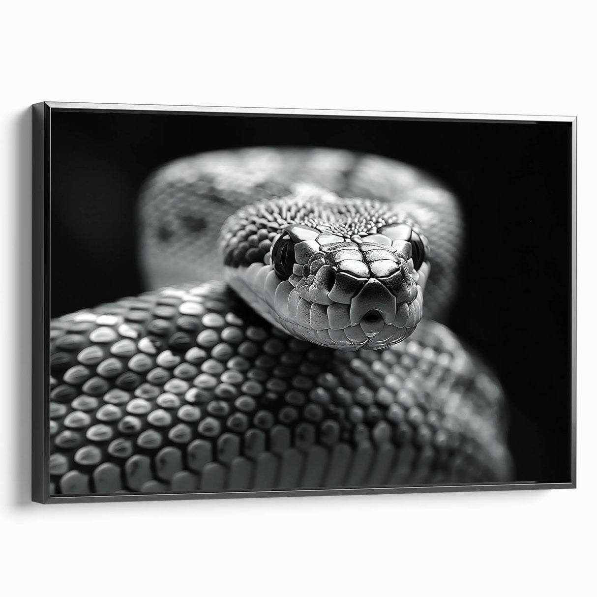 Framed wall art featuring a detailed snake design in a black frame, showcasing intricate patterns and textures, perfect for reptile enthusiasts and modern decor.