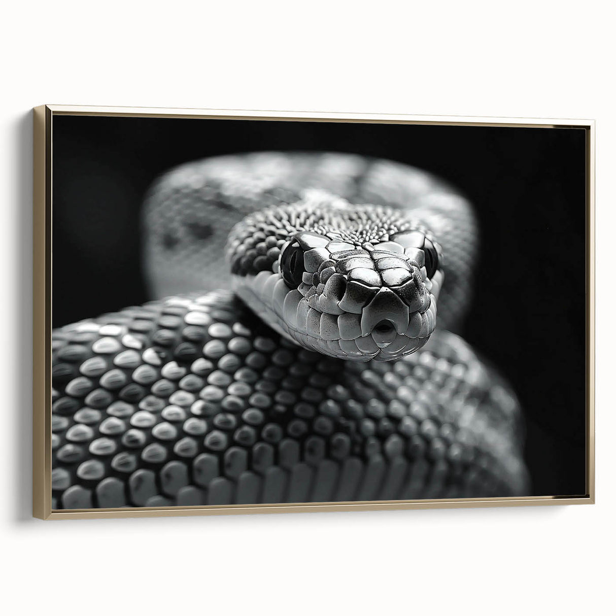Framed wall art featuring a vibrant reptile snake design on canvas, showcasing intricate details in gold tones, perfect for enhancing modern decor.