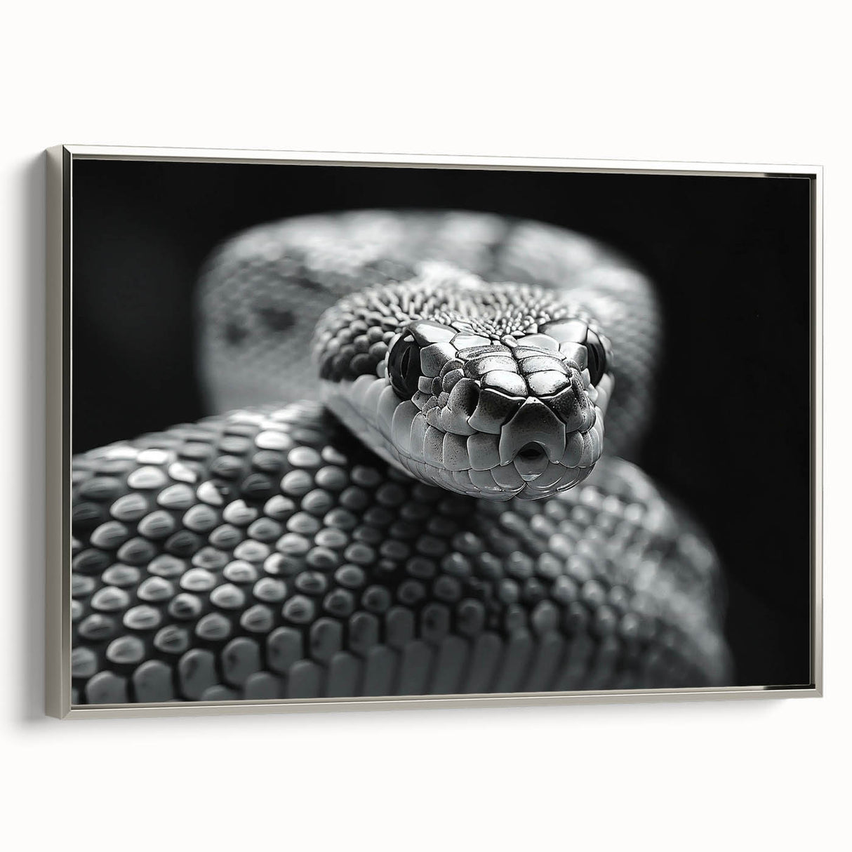 Framed wall art showcasing a striking snake design in silver tones, featuring intricate details and a modern aesthetic, perfect for reptile enthusiasts and home decor.
