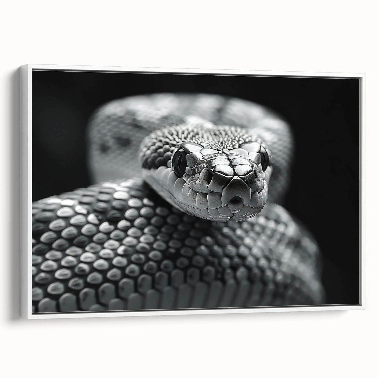 Framed wall art featuring a modern snake design on canvas, set against a white background, showcasing intricate details and vibrant colors, perfect for reptile enthusiasts.