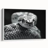 Framed wall art featuring a modern snake design on canvas, set against a white background, showcasing intricate details and vibrant colors, perfect for reptile enthusiasts.