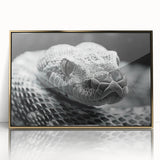 Framed wall art featuring a striking reptile snake design, showcasing intricate details in gold and black tones, perfect for enhancing modern home decor.