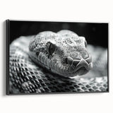 Framed canvas wall art showcasing a striking snake design with intricate patterns, featuring a black frame and side view perspective, perfect for reptile enthusiasts.