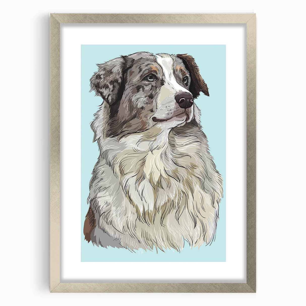 Silver picture frame with a white mat, showcasing a vibrant artwork, positioned on a light-colored surface, ideal for home decor or gallery display.