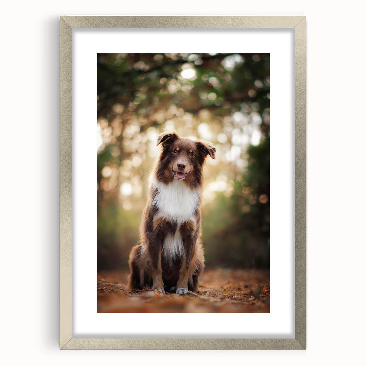 Elegant silver frame with a mat, showcasing an art print in a front view. The frame's sleek design enhances the artwork's appeal, ideal for home decor.