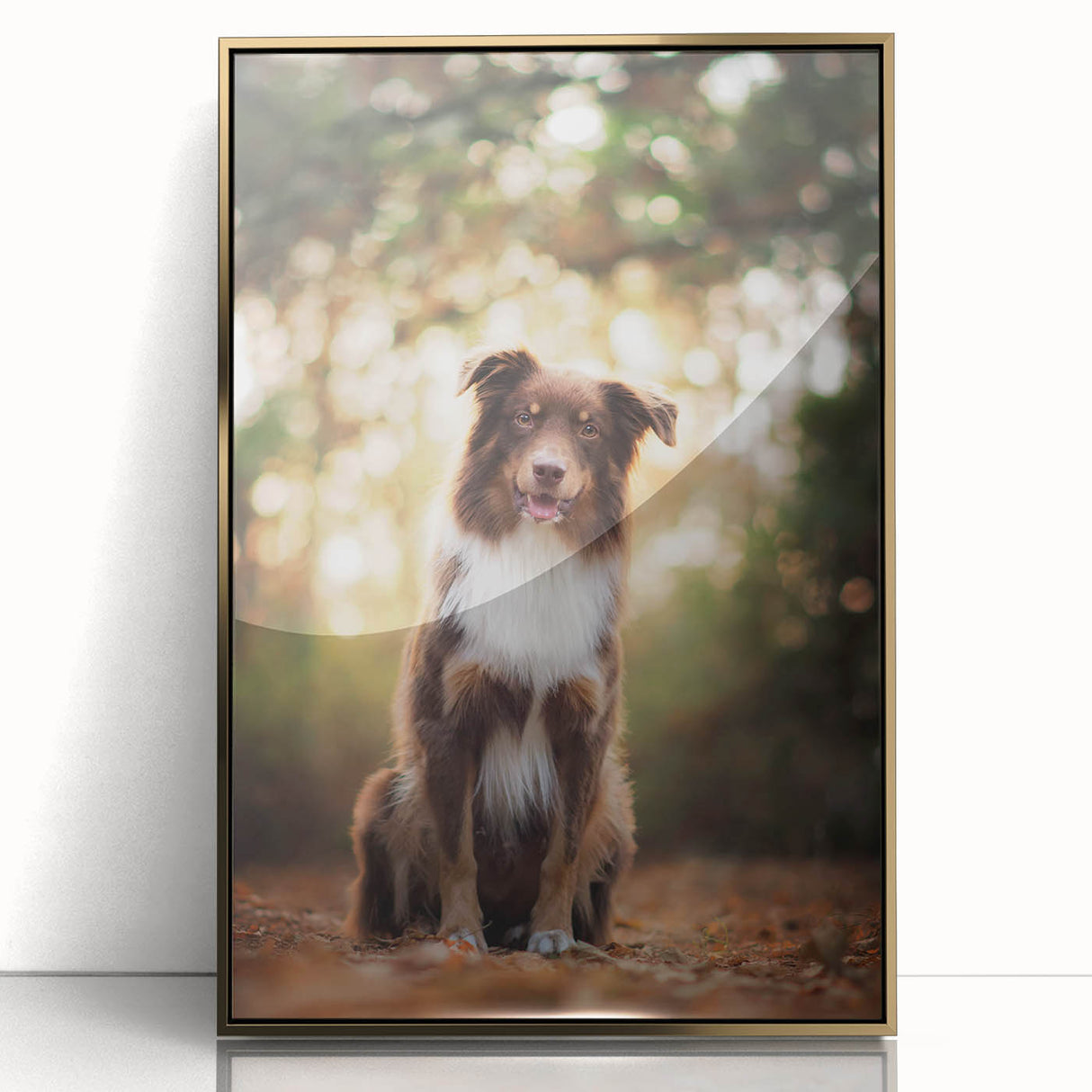 Framed acrylic artwork featuring a vibrant gold abstract design, showcasing a sleek front view that highlights intricate details and a modern aesthetic ideal for contemporary decor.