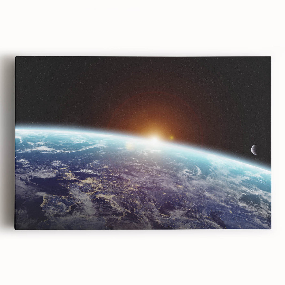 Sunrise Over Earth Wall Art - Space View of Earth with Moon Decor