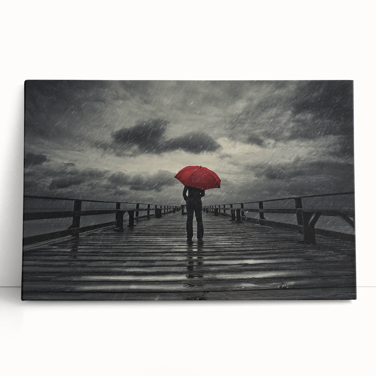 Rainy Bridge with Red Umbrella - Earthy Phenomena Wall Art Print