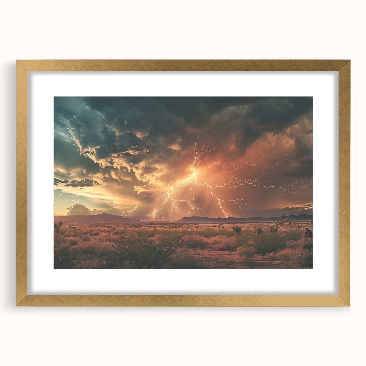 Lightning Storm Over Desert at Sunset - Earthy Phenomena Wall Art Print
