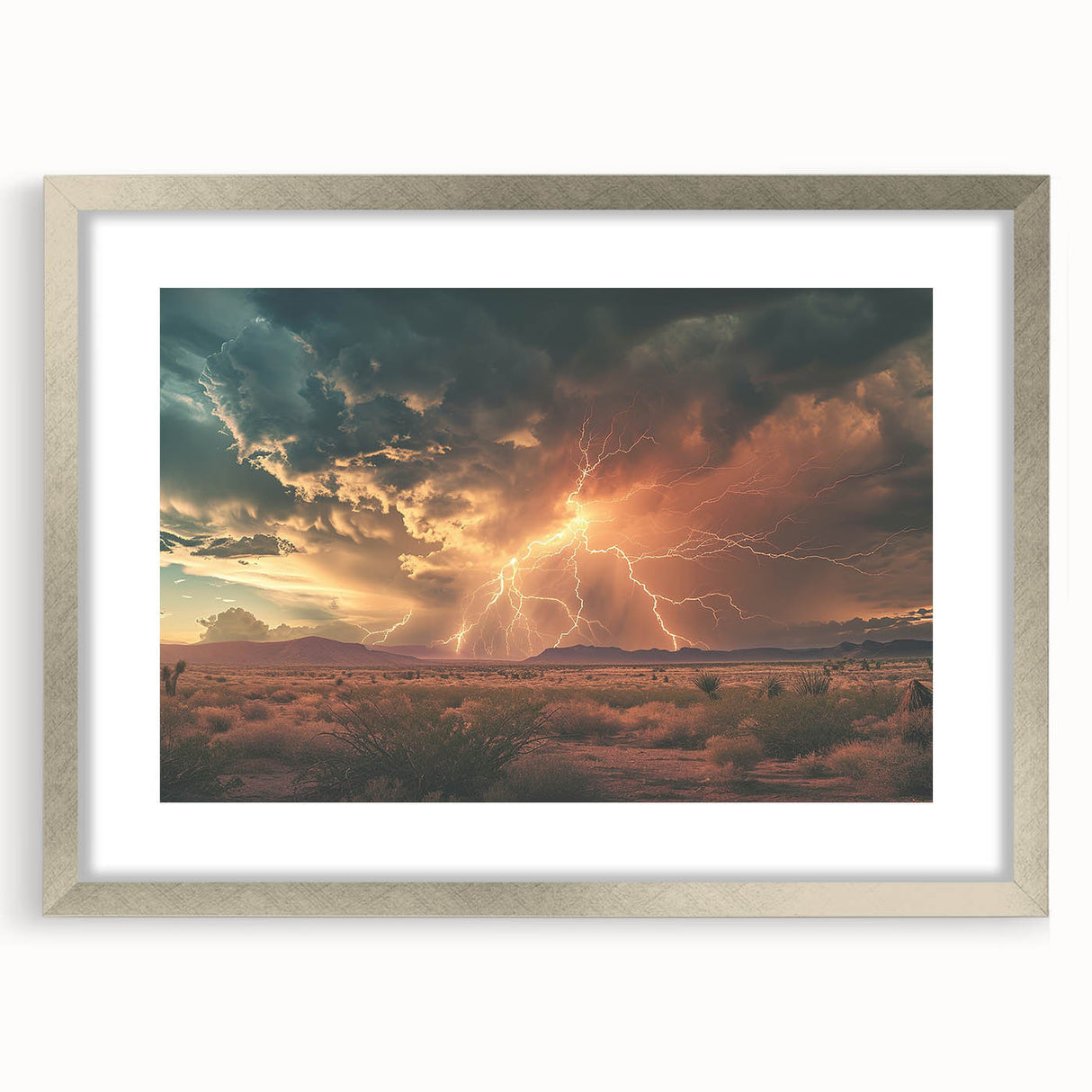 Lightning Storm Over Desert at Sunset - Earthy Phenomena Wall Art Print