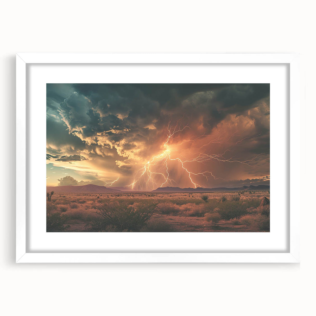 Lightning Storm Over Desert at Sunset - Earthy Phenomena Wall Art Print