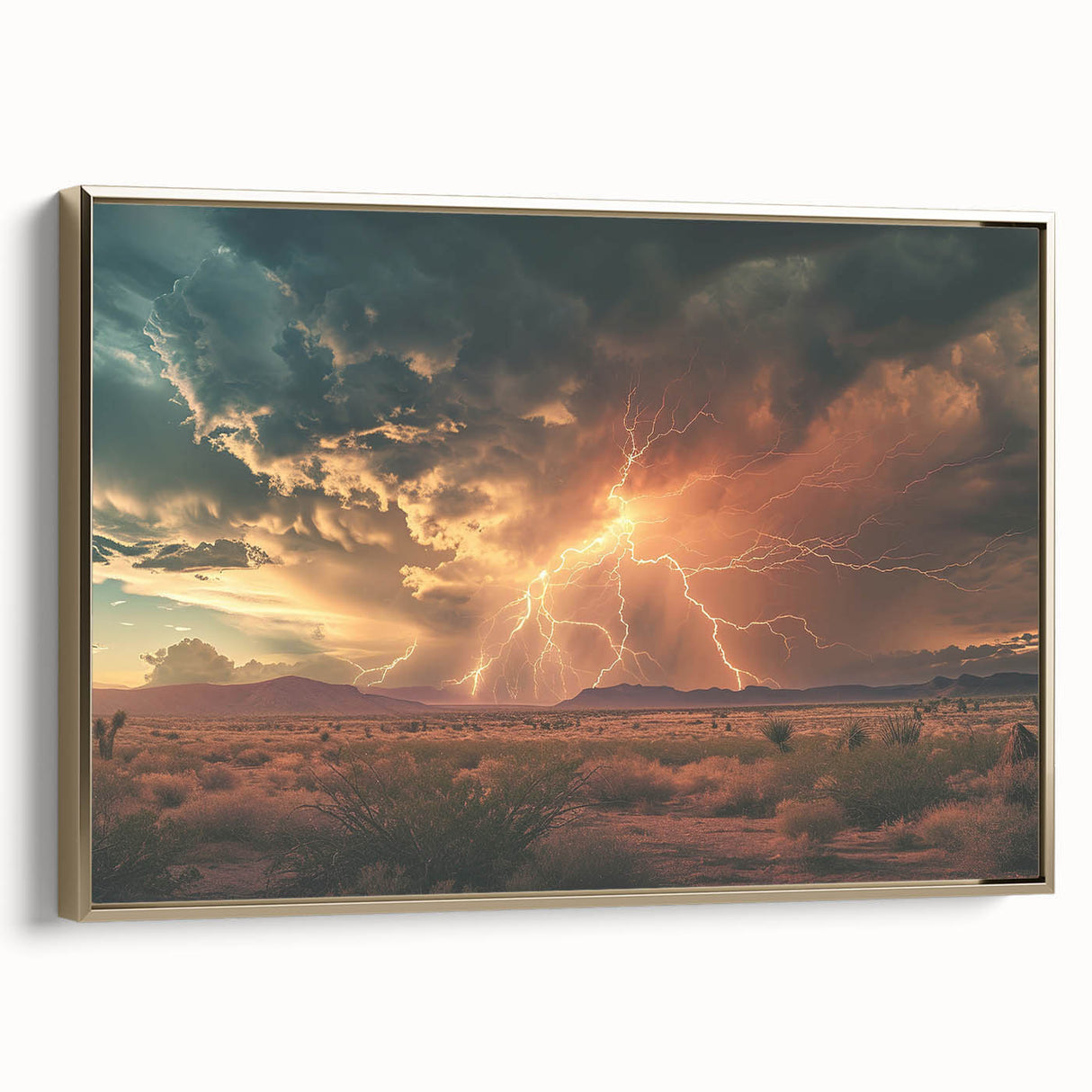 Lightning Storm Over Desert at Sunset - Earthy Phenomena Wall Art Print