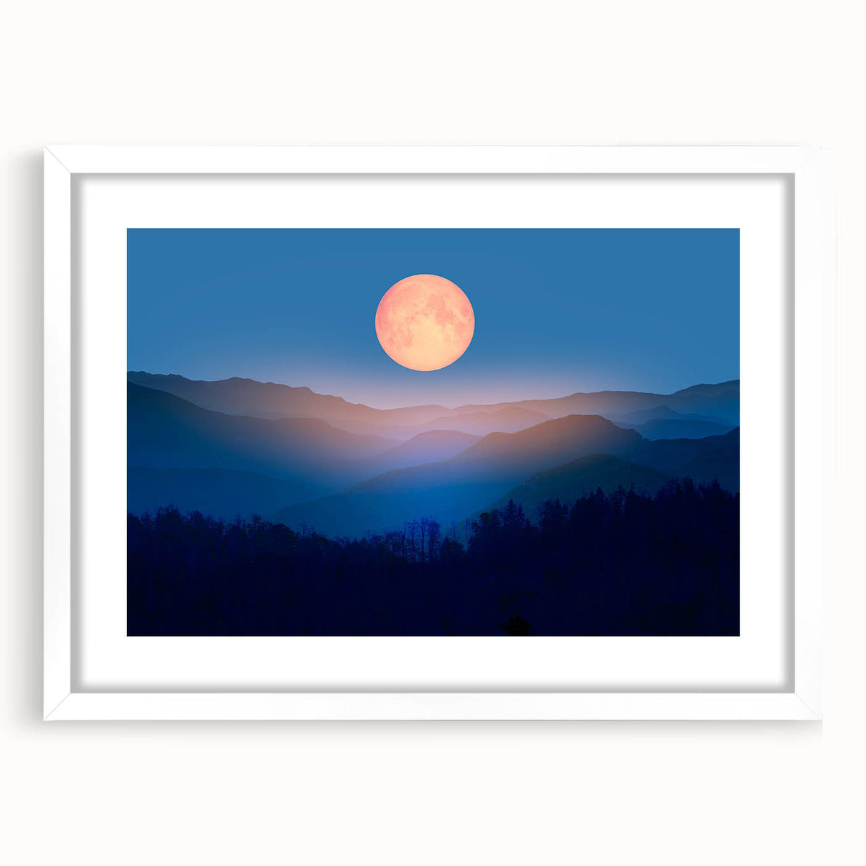 Golden Full Moon Over Misty Mountains – Elegant Celestial Wall Art