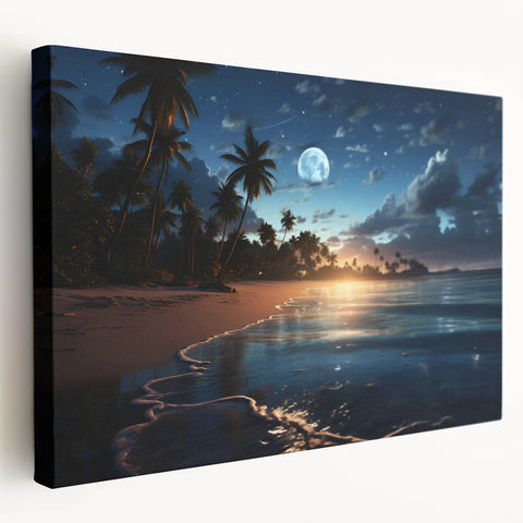 Moonlit Tropical Beach Canvas – Celestial and Coastal Wall Art Decor