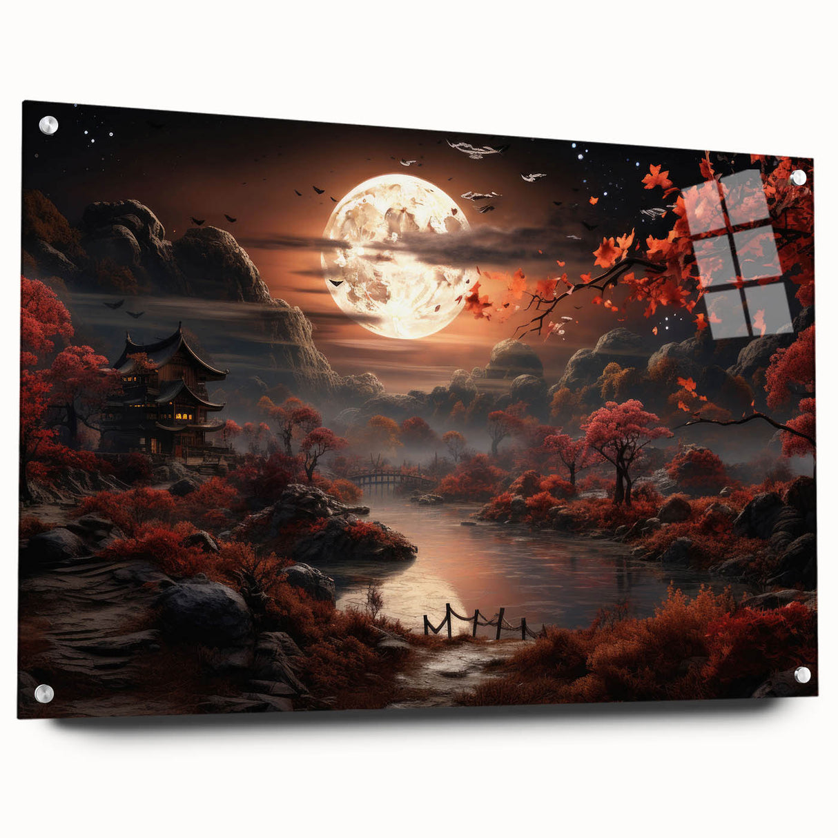 Moonlit Autumn Landscape with Pagoda – Enchanting Celestial Wall Art