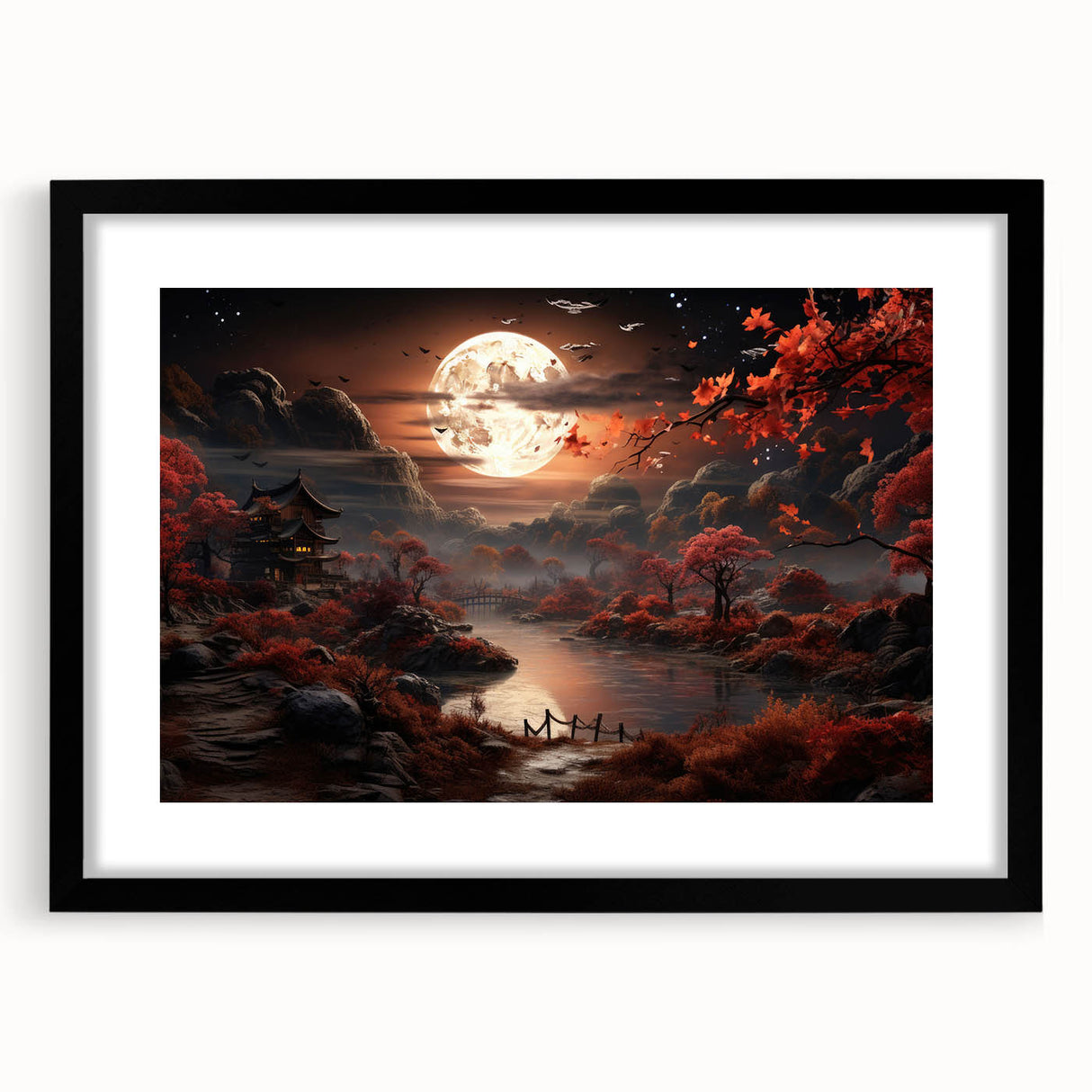 Moonlit Autumn Landscape with Pagoda – Enchanting Celestial Wall Art