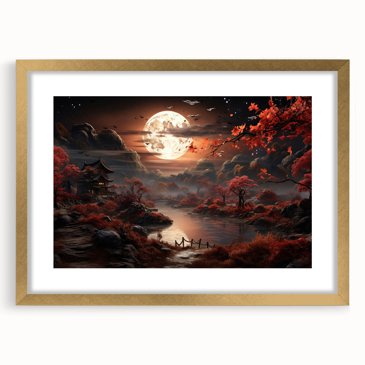 Moonlit Autumn Landscape with Pagoda – Enchanting Celestial Wall Art