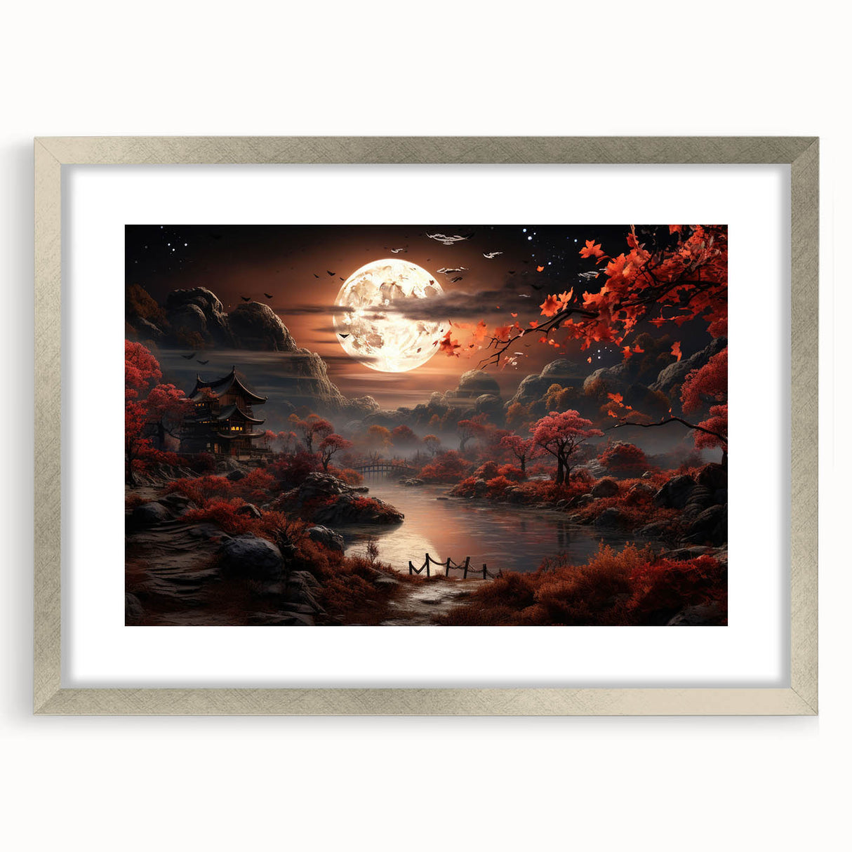 Moonlit Autumn Landscape with Pagoda – Enchanting Celestial Wall Art