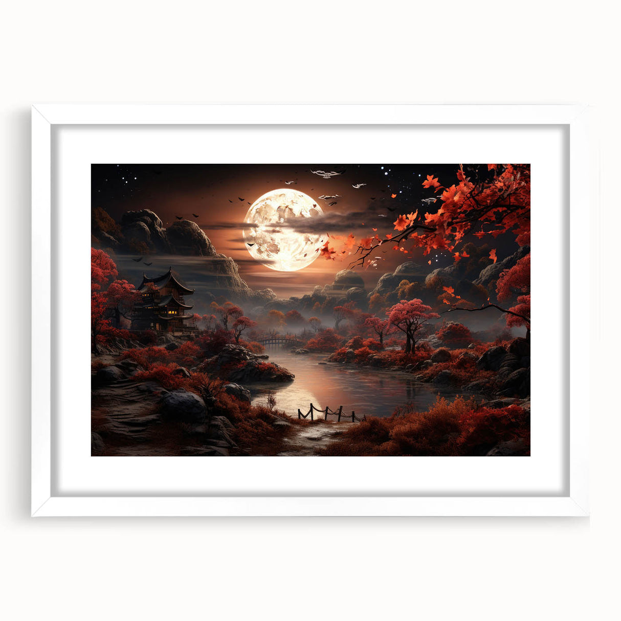 Moonlit Autumn Landscape with Pagoda – Enchanting Celestial Wall Art