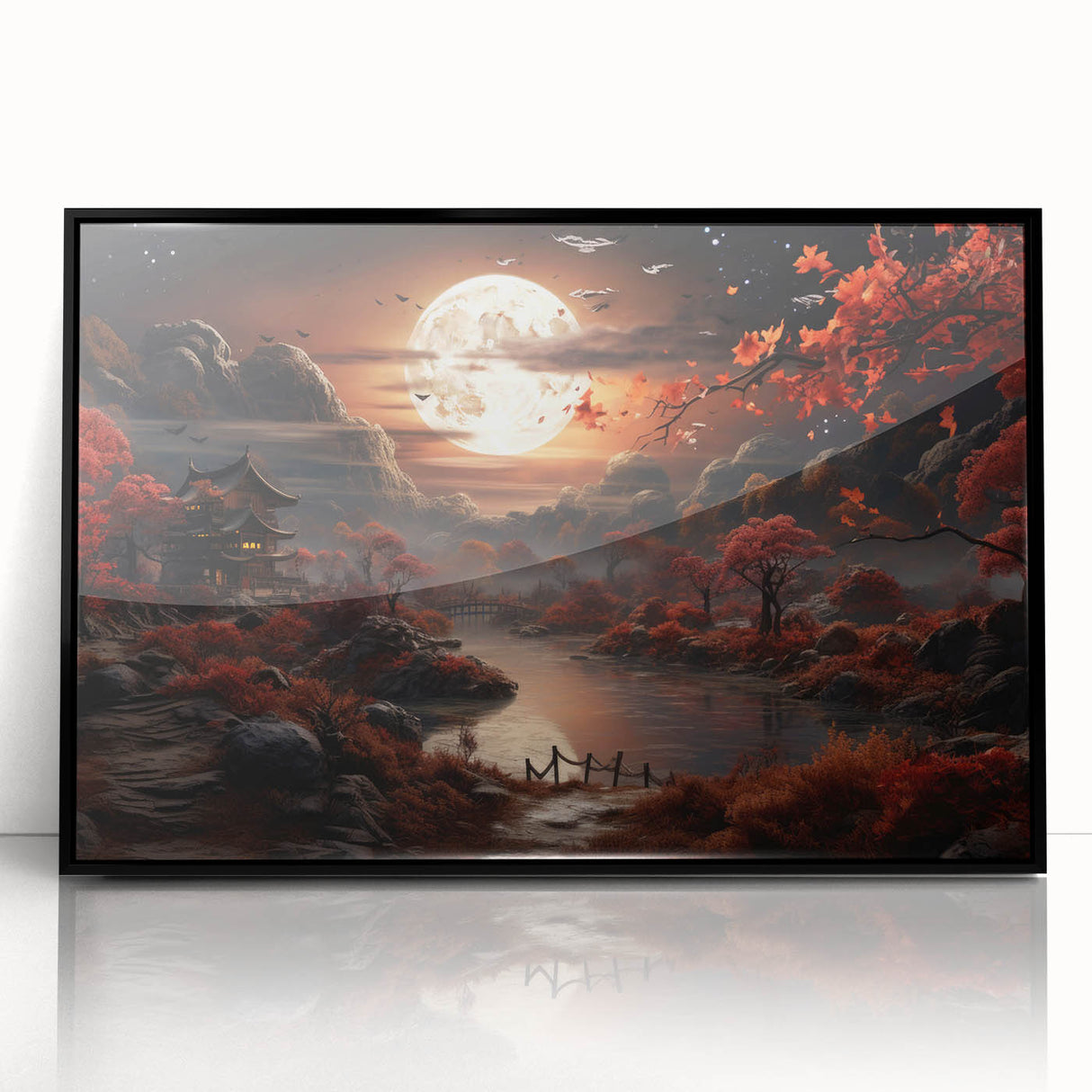 Moonlit Autumn Landscape with Pagoda – Enchanting Celestial Wall Art