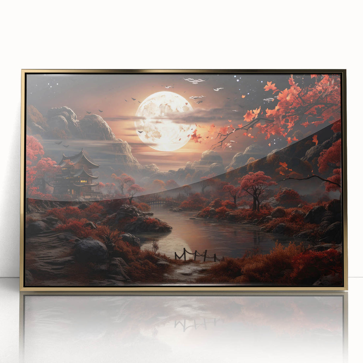Moonlit Autumn Landscape with Pagoda – Enchanting Celestial Wall Art