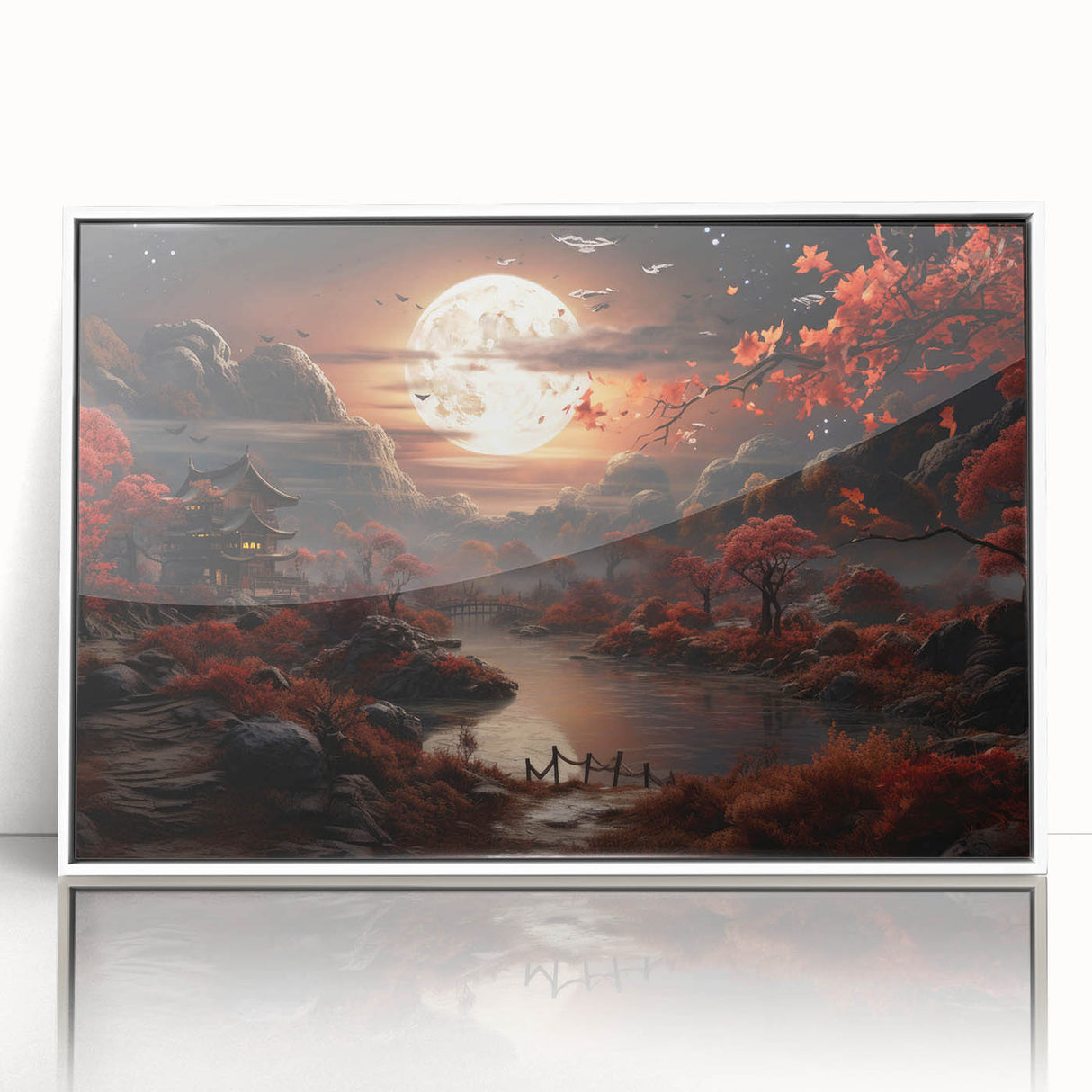 Moonlit Autumn Landscape with Pagoda – Enchanting Celestial Wall Art